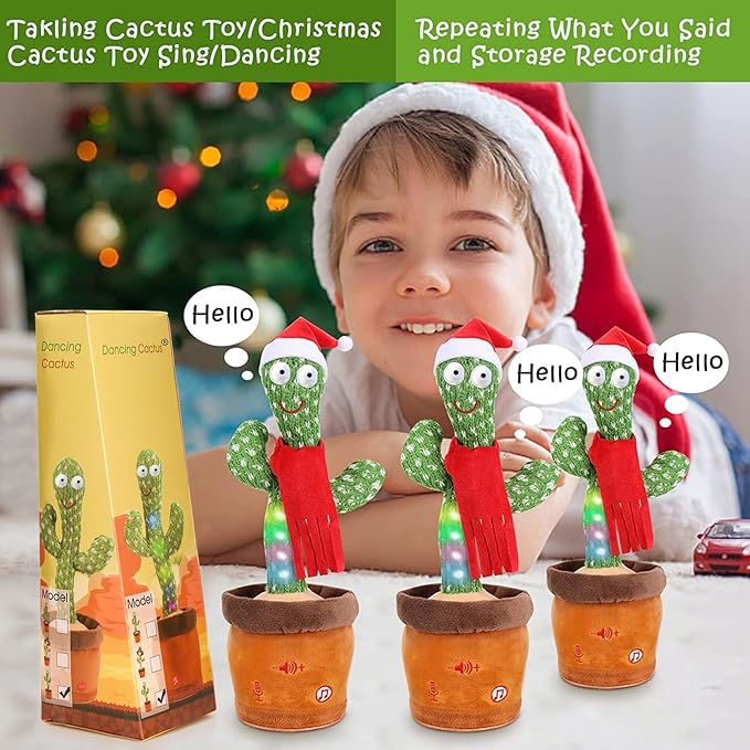 Emoin Christmas Dancing Cactus Toy, Talking Cactus Baby Toys for Baby Christmas Toy Gift Singing Repeats What You Say Baby Interactive Plush