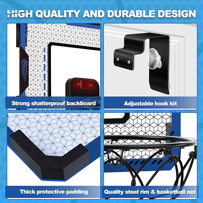 Indoor Basketball Hoop for Kids Age 5-10, with Electronic Scoreboard & 3 Balls - Over The Door Mini Hoop for Boys' Birthday