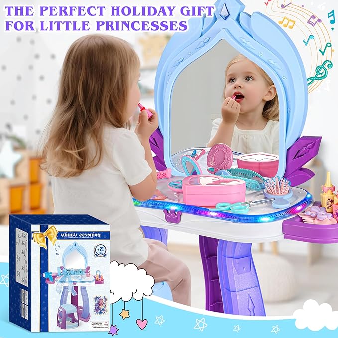 Princess Vanity for Toddlers Girls 3-5 Years Old, Kids Vanity Table and Chair Set with Magic Mirror Light Music, Toddler Makeup Dresser Set, Interactive Pretend Play Dress Up Beauty Salon Toys Gifts