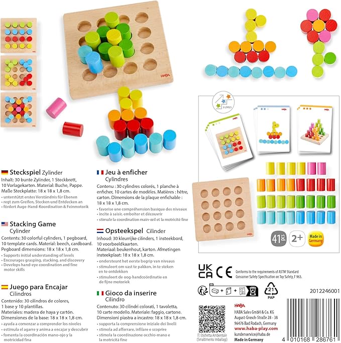 HABA Rainbow Risers Wooden Stacking Game: Montessori Toys for 2 Year Old & Up, Shape Sorter & Wooden Pegboard Preschool Learning Toys with Challenge Cards