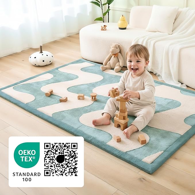 Premium Baby Playmat for Floor 80" x 110" waves – Cloudsoft Coral Velvet Memory Foam Rug for Crawling – Non-Slip, Water-Resistant, Non-Toxic, Easy-Care Muscle Mat – Thick Play Mat for Baby