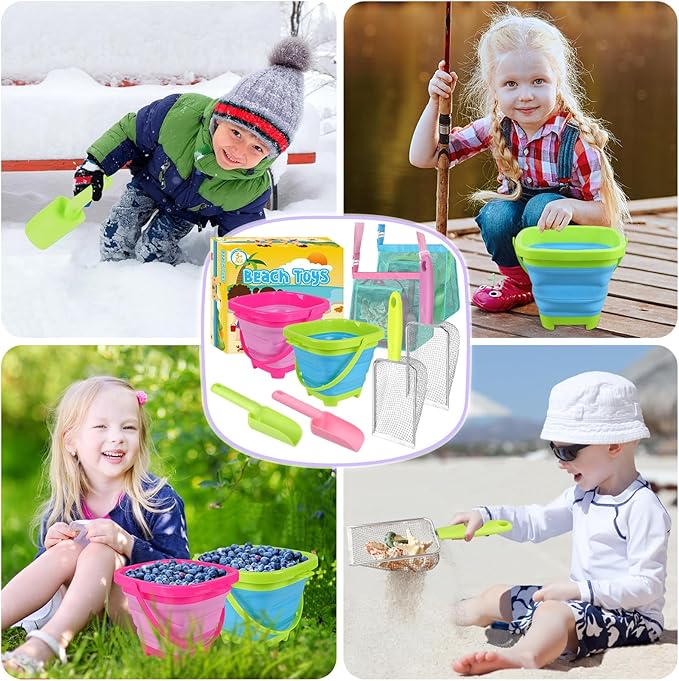 Beach Toys, Sand Toys with 2 Collapsible Beach Bucket and Beach Mesh Shovel, Sand Shovel, Shark Tooth Sifter and Mesh Bag for Shell Collecting, Sand Dipper Beach Scoop for Kids Boys Girls