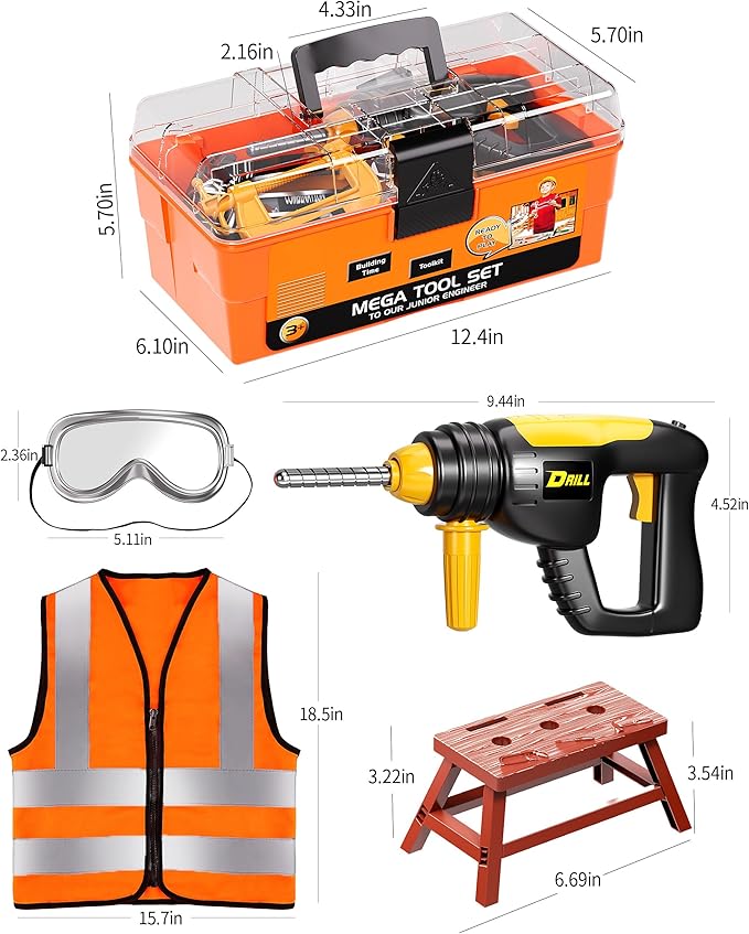 Deejoy Tool Set with Tool Box & Electronic Toy Drill, Pretend Play Kids Construction Kits for Kids Ages 3-5 Years Old, Toddler Boy Toys(Orange)