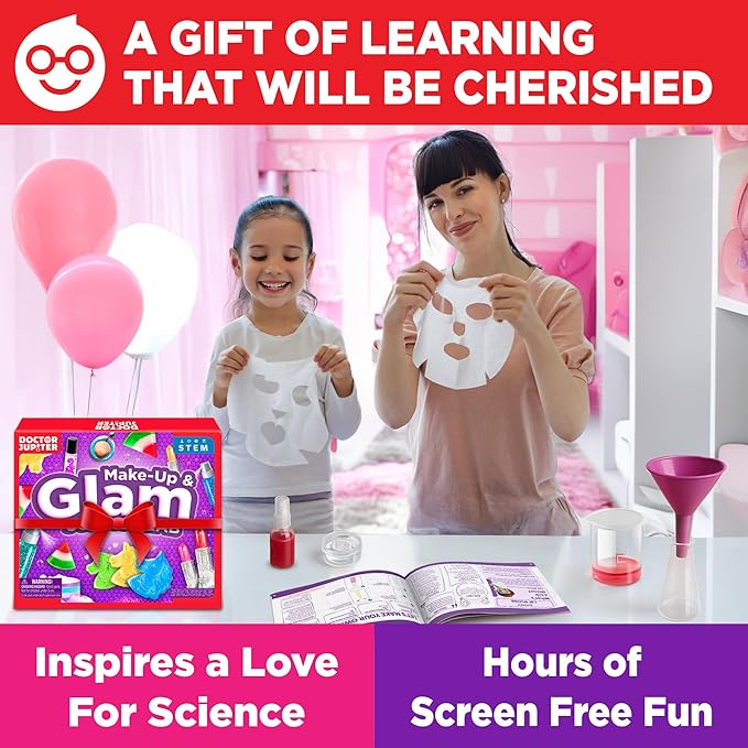 Doctor Jupiter Glam DIY Craft, Make-Up Kit for Girls Ages 6-8-12 | Lip Gloss, Bath Bomb, Perfume Making Kit with 50 Beauty Science Experiments | Birthday Gift Ideas for 6-7-8-9+ Year Old Girls