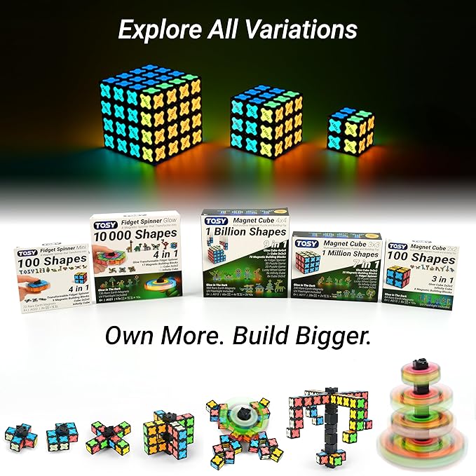 TOSY Magnet Fidget Spinner Glow - 16 blocks, 3in1 Toy: Transformable Fidget Spinner, Infinity/Puzzle Cube, Glowing, Christmas Stocking Stuffers Gift for Kids/Adults, STEM Sensory Stress Relief, 2-pack