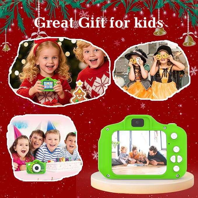 Kids Camera for 3-9 Year Old Boys Girls, Children Digital Camera with Cute Cartoon Soft Cover & 32GB SD Card, Best Christmas Birthday Gifts for Grandkids, Halloween Party Favors for Kids - Green