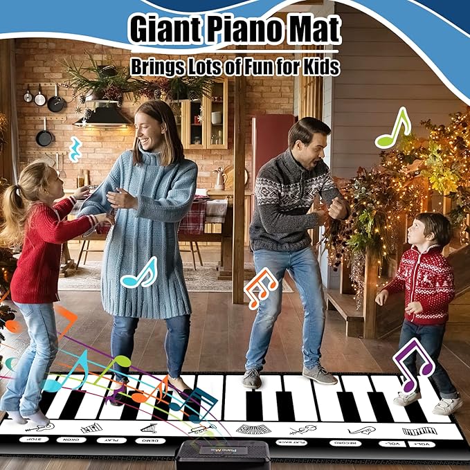 TWFRIC 6ft. Piano Mat with 24 Keys & 10 Demos & 8 Musical Instruments Sounds & 4 Play Modes, Giant Dance Floor Piano Music Play Mat 71'' Large Interactive Musical Toys Gifts for Kids Adults Toddlers