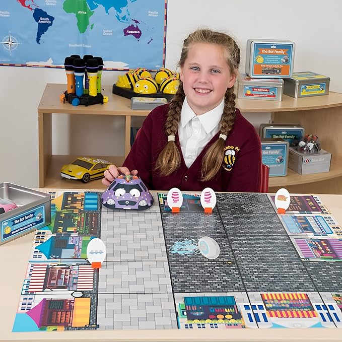 STEM Bee-Bot and Blue-Bot Classroom Bundle See and Say Coding Robot with Countryside Mat, Shape Color & Size Mat, Marketplace Mat, Fairy Tale Mat