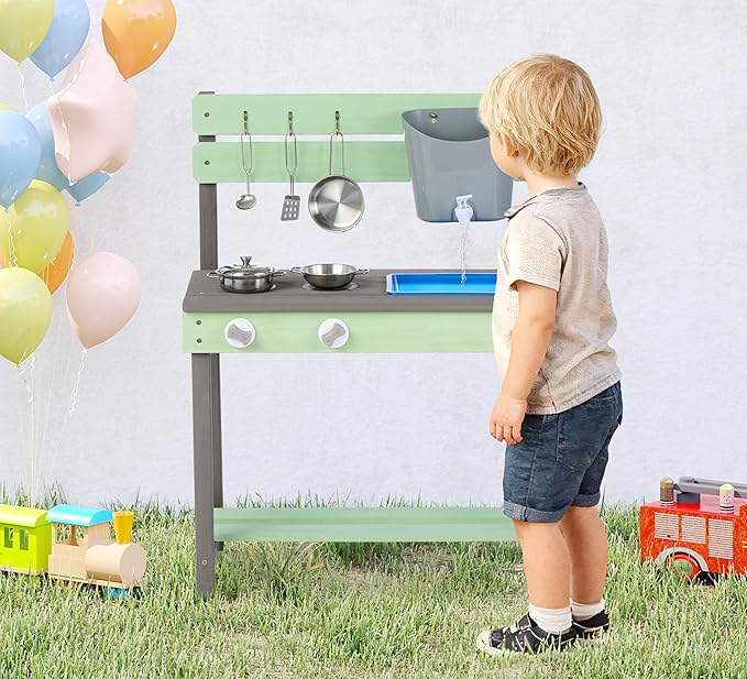 Kid's Wooden Play Kitchen, Outdoor Mud Kitchen with Water Play Set and Cooking Toys, Backyard Play for 3+ Years Kid