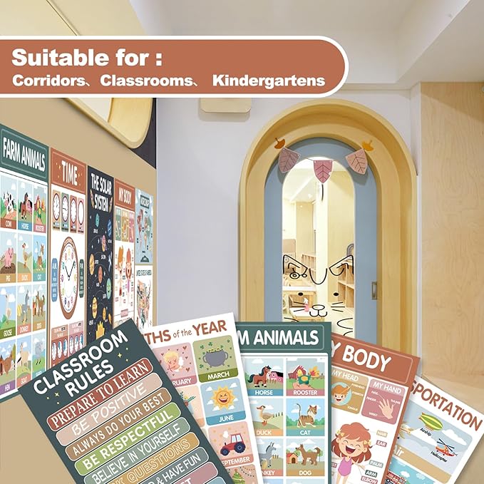 Classroom Posters -18 Boho Educational Posters for Toddlers 1-5 - Laminated ABC, Numbers, Colors & Shapes Charts for Preschool & Kindergarten - Homeschool Classroom Decor (11x17" Standard Size)
