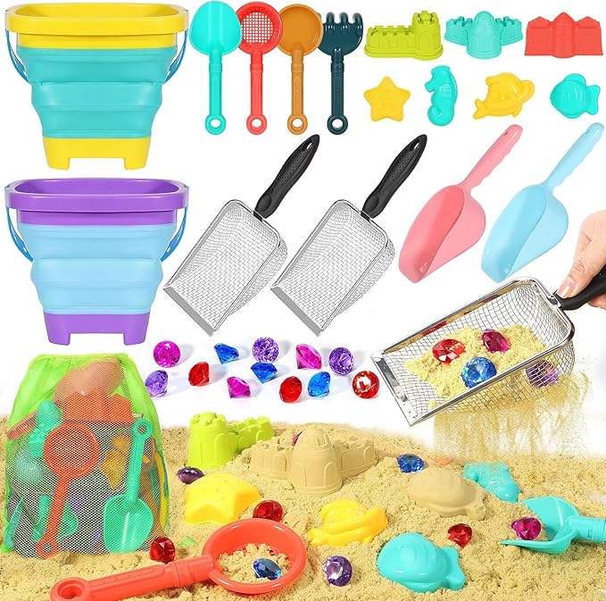 Beach Sand Toys for Kids,Sand toys with 2 Collapsible Beach Bucket,2 Beach Sifter Shovel,Sand Shovel Set,Sand Castle Kit,Sea Animal Molds,Diving Gem Pool Toy,Mesh Bag Travel Toys for Toddler 3-10
