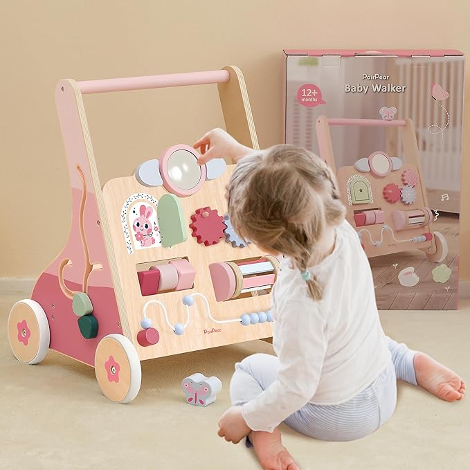 PairPear Wooden Baby Walker Push and Pull Learning Activity Walker, 8-in-1 Montessori Busy Board Push Walker Wooden Activity Center Toys for Boys and Girls 12m+ (Pink Rabbit)