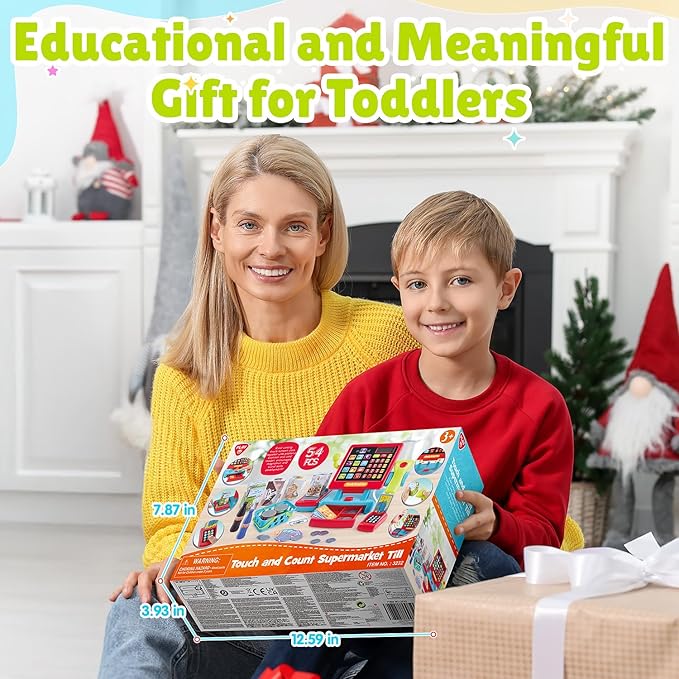 PLAY Kids Cash Register Toy Supermarket with Register Pretend Play Calculator Register Toys with Scanner/Microphone/Credit Card/Conveyors/Cans/Drink/Play Money, Cash Register for Kids Ages 3+