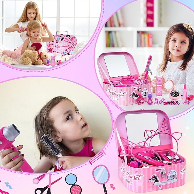 Lorfancy 49 Pcs Hair Salon Girls Toys Kids Pretend Play Makeup Sets Toddler Dress Up Beauty Hair Stylist Kit with Hairdryer Apron Curling Flat Iron Mirror Scissors Accessories Girl Birthday Gifts