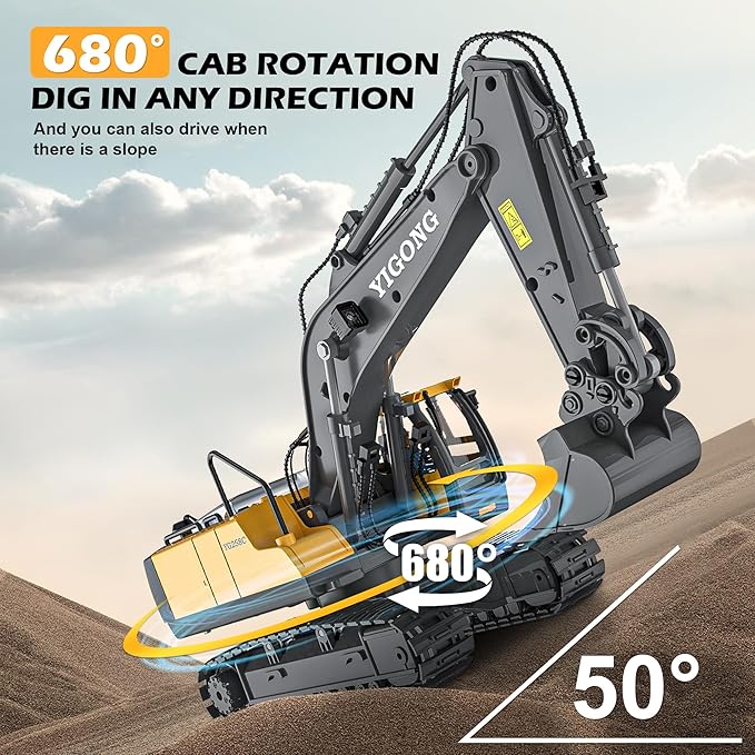 Remote Control Excavator Toy, Rechargeable 11 Channel 2.4Ghz RC Construction Vehicles with Metal Shovel for Kids, 680° Rotation with Lights and Sound - 1/20 Scale Digger for Boys 6-12