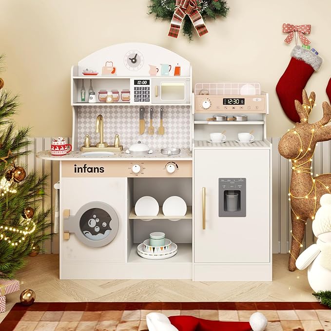 INFANS Kids Kitchen Playset, Toddler Wooden Kitchen Pretend Cooking Toy Set with Coffee Maker Ice Machine Dishwasher Microwave Storage Cabinet, Simulation Play Kitchen for Boys Girls 3+ (White)