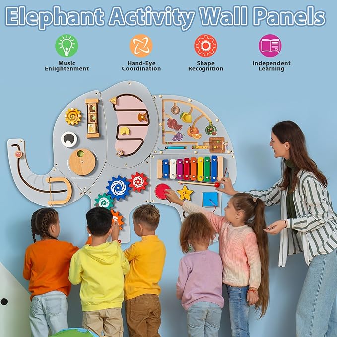 Large Elephant Wooden Activity Wall Panel Christmas Gift Educational Montessori Toy for Toddler Kids Interactive Sensory Activity Busy Board Daycare Learning Center Toddler Room Decor