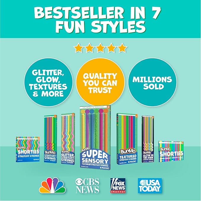 BUNMO Stocking Stuffers for Kids - Stretchy Sensory Strings - Sensory Toys for Kids - Stocking Stuffers for Boys and Girls - Hours of Fun - Textured - 6 Pack