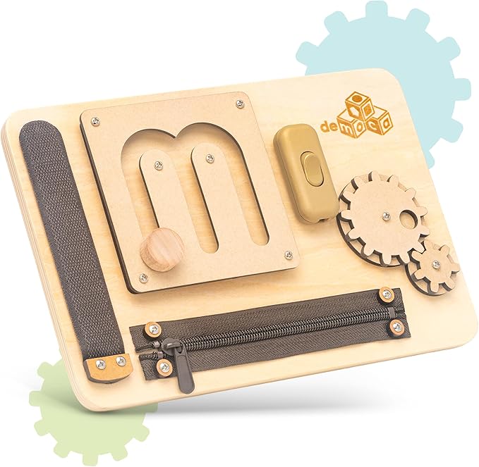 deMoca Sensory Busy Board for Toddlers, Premium Wooden Toddler Busy Board for 1 2 3 Year Old with 10 Educational Activities for Fine Motor Skills, Fidget Activity Toy for Travel Toy