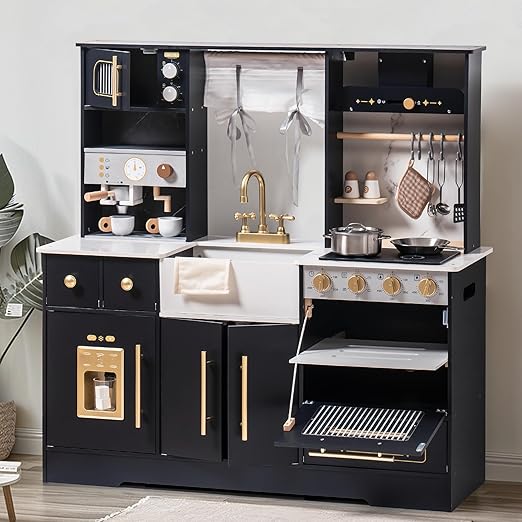 ROBOTIME Wooden Play Kitchen for Kids, Toddler Kitchen Playset with Ice Maker and Coffee Machine, Realistic Kids Play Kitchen Toy Gift for Girls & Boys Ages 3+ Black