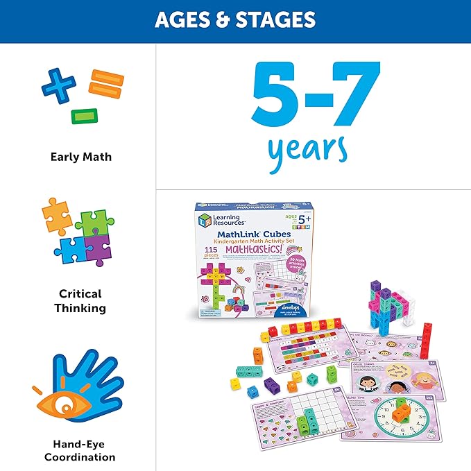 Learning Resources MathLink Cubes Kindergarten Math Activity Set Mathtastics!, 115 Pieces, Age 5+, Math Teaching Toys, Kindergartner Math Games
