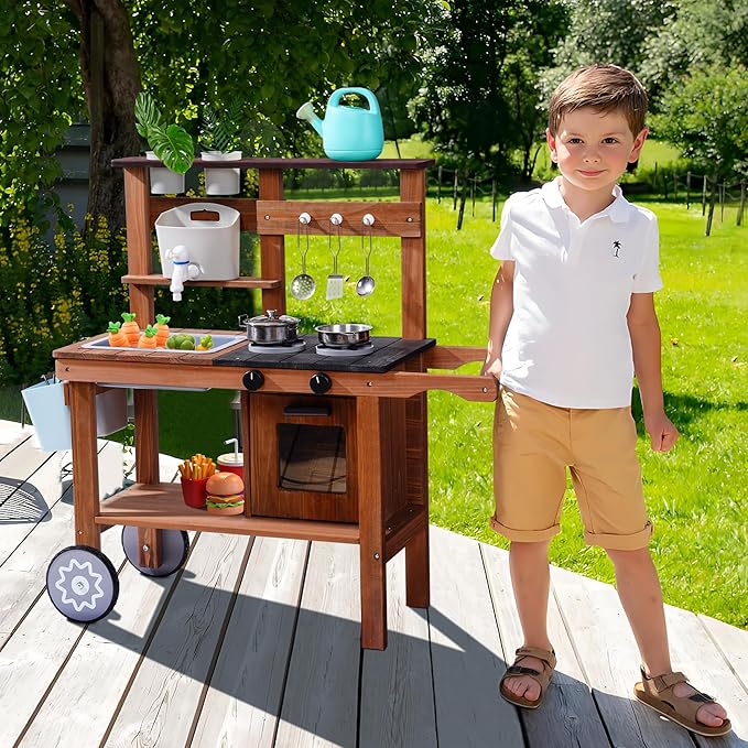 ROBOTIME Mud Kitchen for Kids Outdoor with Wheels, Fun Wooden Kid Kitchen Playset for Backyard Pretend Cooking, Outdoor Sink & Storage, Role Play Toy for Boys and Girls Ages 3+