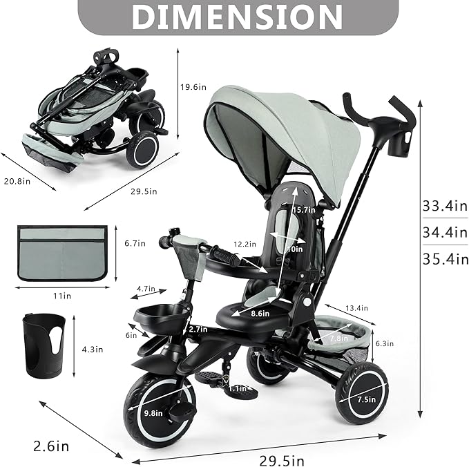 Kinder King Kids Tricycle, 8 in 1 Folding Toddler Trike w/Adjustable Push Handle, Rotatable Seat, Adjustable Canopy, Bell, Five-Point Harness, Storage, Toddler Stroller Bike for Age 6 Months+, Green