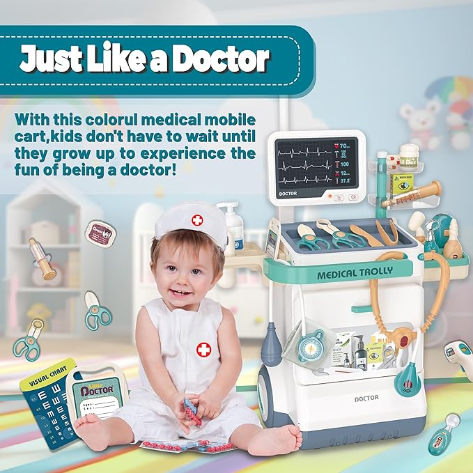 Deluxe Doctor Kit for Toddlers, Pretend Medical Station Set for Boys & Girls, 28 Accessories,Mobile Cart with Lights, Includes Doctor's Uniform、Thermometer, Doctor Kit for Kids 3-5 Years Old