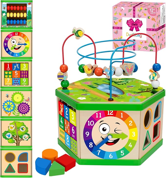 Wooden Activity Cube for 12-18 Month, 1 Year old Boys & Girls, 7-in-1 STEM Montessori Early Developmental Learning Toys for Kids Aged 1-2, Ideal 1st Birthday Gift Toys for Baby, Toddlers (Pink)