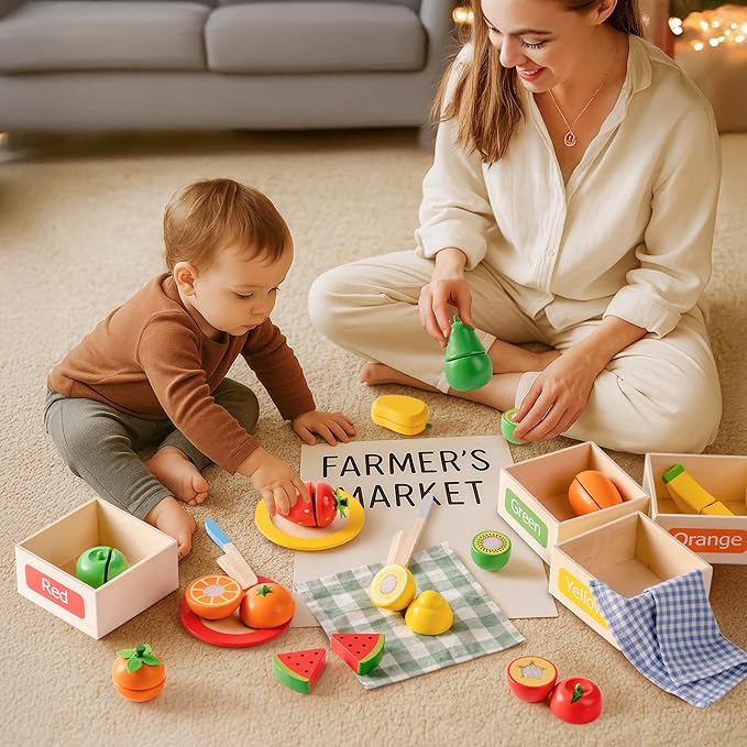 ROBUD Wooden Play Food for Kids Kitchen, Cutting Fruit for Toy Kitchen Accessories, Four-Color Fruit to Match Color, Develop STEM & Make, Montessori Toys for Toddler, WG423