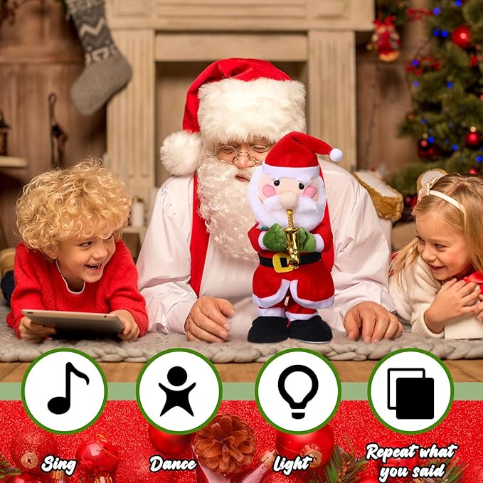 Singing Dancing Christmas Tree Santa Claus with Music Animated Christmas Toys Plush Interactive Toy Figures with 8 Songs and Lights Repeat What You Say, Xmas Gift(Santa Claus)