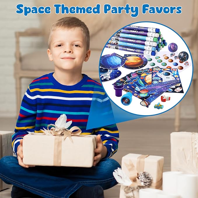 BenLouis 84Pcs Outer Space Themed Party Favors Space Alien Coloring Books Crayons Sticker Stampers Set Bulk Classroom Prizes for Kids Astronaut Planet Birthday Party Goodie Bags Fillers