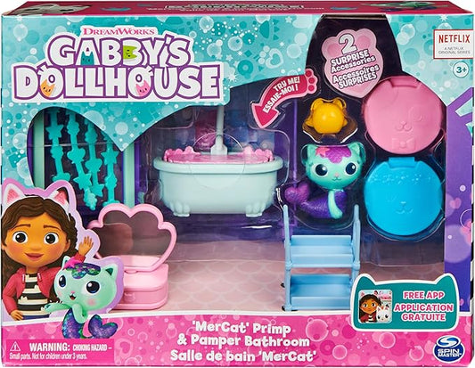Gabby’s Dollhouse, Primp and Pamper Bathroom with Mercat Figure, 3 Accessories, 3 Furniture and 2 Deliveries, Kids Toys for Ages 3 and up