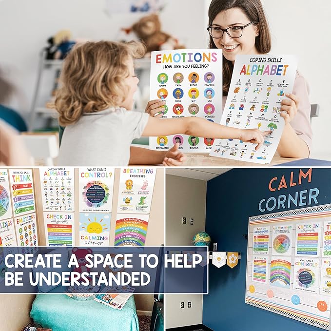 12 Calming Corner Classroom Posters (10x14) - Feelings Wheel Chart & Emotions Poster For Kids, Calm Down Corner Supplies For Therapy Office Decor, Mental Health Wall Decorations For Preschool