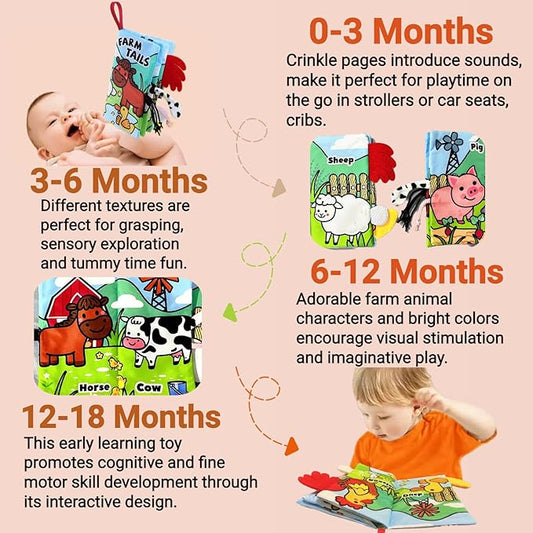 Sensory Baby Books 0-6 Months, Tummy Time Soft Cloth Baby Toys 3-4-5-7-8-9 6-12 Month Old, Newborn Infant Boy Christmas Shower Gifts Touch Feel Crinkle Book for Babies Girl Stocking Stuffers