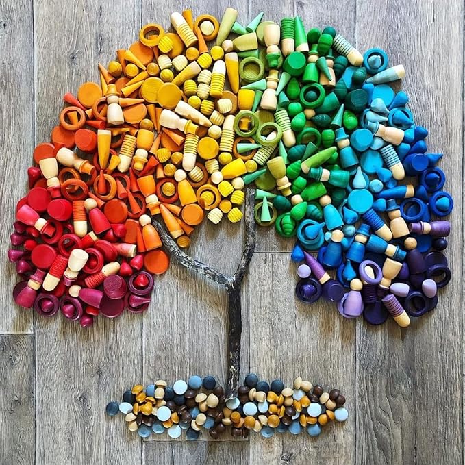 Candywood Large Set Rainbow Color Style Wooden Loose Parts Sensory Play Toys, 7 Shapes, 27 Colors, Rainbow Stacker Nesting Toys (162 PCS)