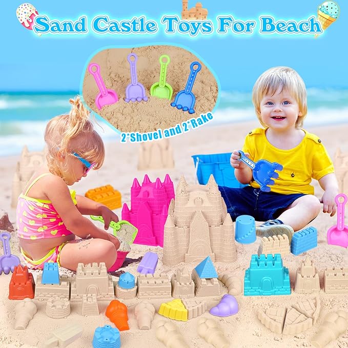 Beach Toys Sand Toys for Kids, Sand Castle Toys for Beach with 2 Castle Bucket and Mesh Bag, Sand Molds, Shovels and Rakes, Sandbox Toys for Toddlers, Travel Beach Toys for Kids 3-10