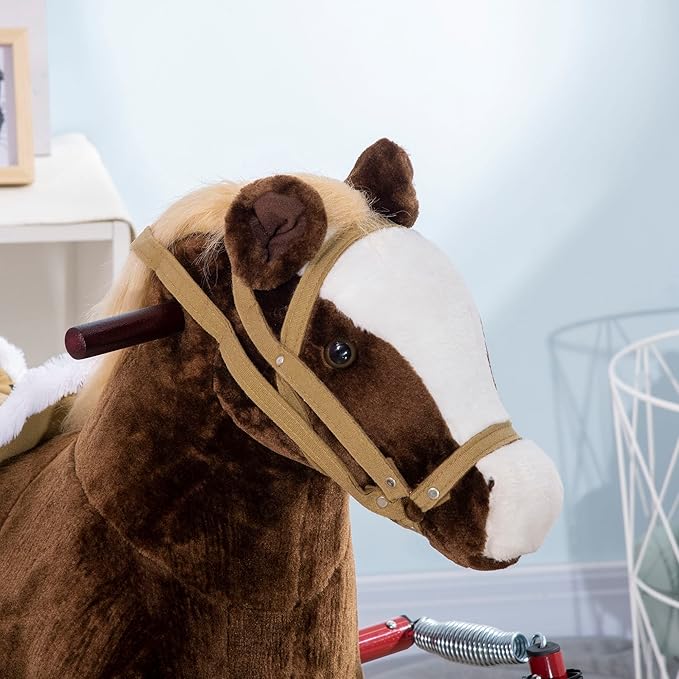 Qaba Kids Spring Rocking Horse, Ride on Horse for Girls and Boys with Animal Sounds, Plush Animal Ride-on Toy with Soft Feel, Interactive Toy for Kids, Dark Brown