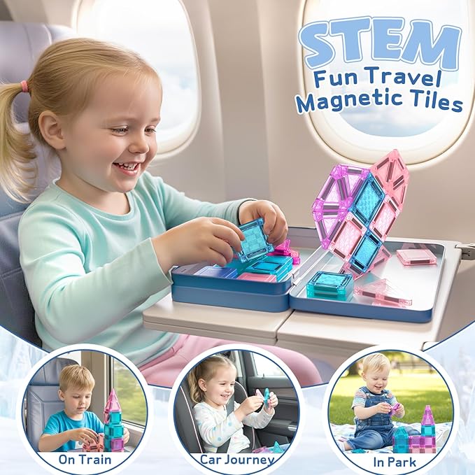 Dreamon Mini Magnetic Tiles, 68PCS Travel Set with Storage Case, Ice Castle Building Blocks STEM Toys for Toddlers Ages 3-5, Educational Games Sensory Exploration Toys for Boys and Girls