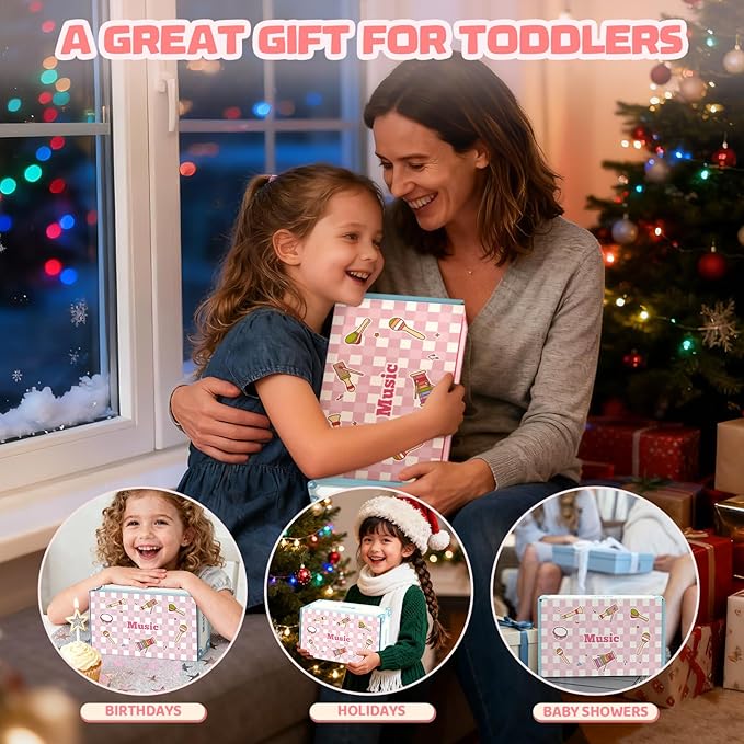 Baby Musical Instruments - Montessori Wooden Toys for Toddlers 1-3, Xylophone Maracas Tambourine Percussion Set, Kids Preschool Music Learning Toys Christmas Birthday Gifts for Boys Girls Age 3+, Pink