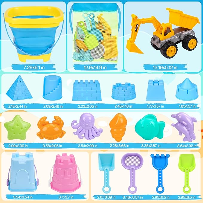 Beach Toys, Sand Toys with 2 in 1 Construction Vehicles, Collapsible Beach Bucket, Sand Castle Building kit, Sand Molds, Beach Shovel, Mesh Bag, Summer Toys for Kids Ages 4-8