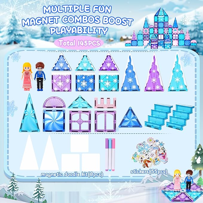 Diamond Magnetic Tiles Set 145PCS with Magnetic Doodle Kit, 3D Blocks Magnet Toys for Girls 3 4-7,8-12, Stem Toys Princess Castle Include 2 Stairs 2 Dolls Decals Stickers,3 4 5 6 7 8+ Girls Xmas Gift