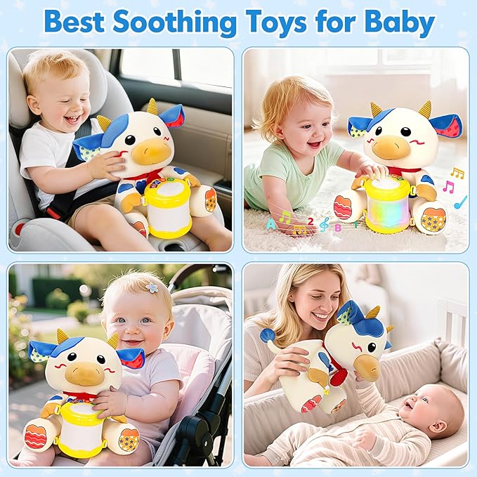V-Opitos Stuffed Cow Musical Toys for Baby 6-12 Months+, Early Learning Light up Music Drum, Perfect Christmas Birthday Gifts for Boy & Girl Age 1, 2 Years Old