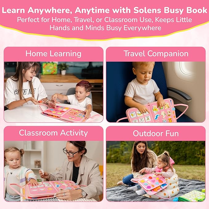 Busy Book for Toddlers 3-5 | Montessori Toddler Activity Book | Pink Kids Busy Board & Travel Busy Baby Toy for Learning Weather, Numbers, Shapes & Colors