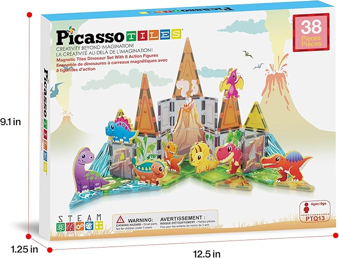 PicassoTiles 38pcs Magnet Tiles Building Blocks Dinosaur Theme Set with 8 Magnetized Action Figures Magnetic Construction Build and Play Toy with Magnets STEM Learning Activities for Toddlers 3+ PTQ13