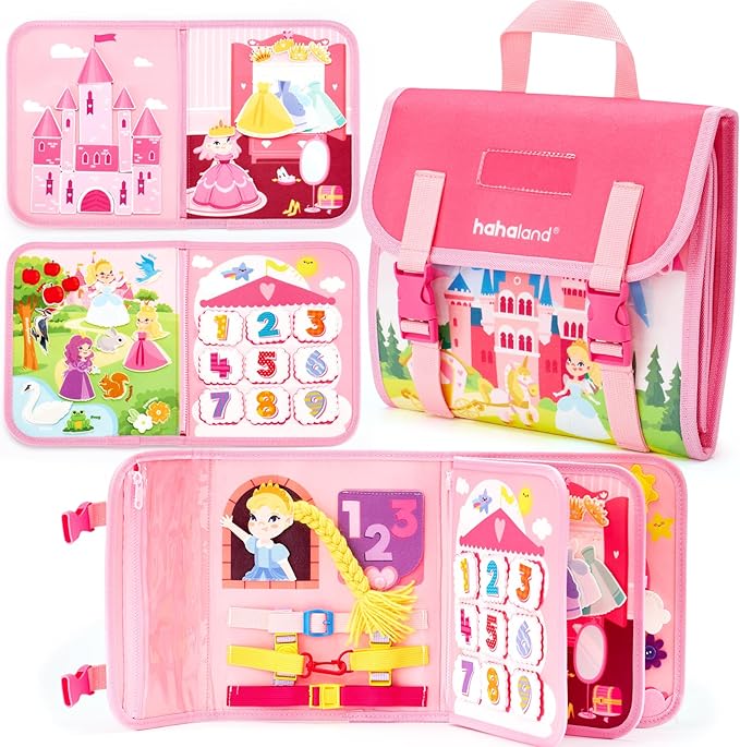hahaland Montessori Toys for Baby Girls, Busy Board Girl Birthday Gift 17 in 1 Preschool Learning Activities with 12 Life Skill, Number,Shape,Dressup,Animal,Figures,Baby Girl Easter Gifts