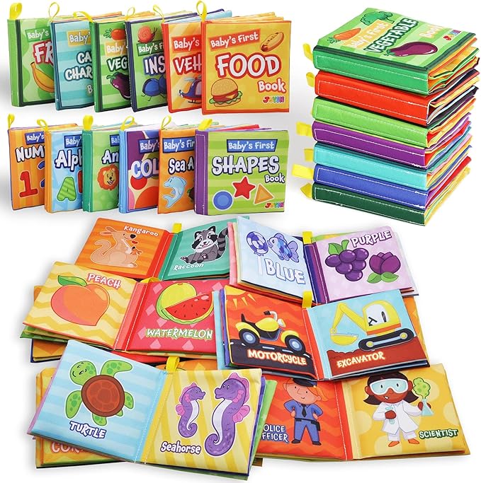 JOYIN 12 Pcs Bath Books, Nontoxic Fabric Soft Crinkly Cloth Books, Waterproof, Bathtub Pool and Early Education First Toys for Infant Newborn Baby Toddlers Kids Birthday Gifts