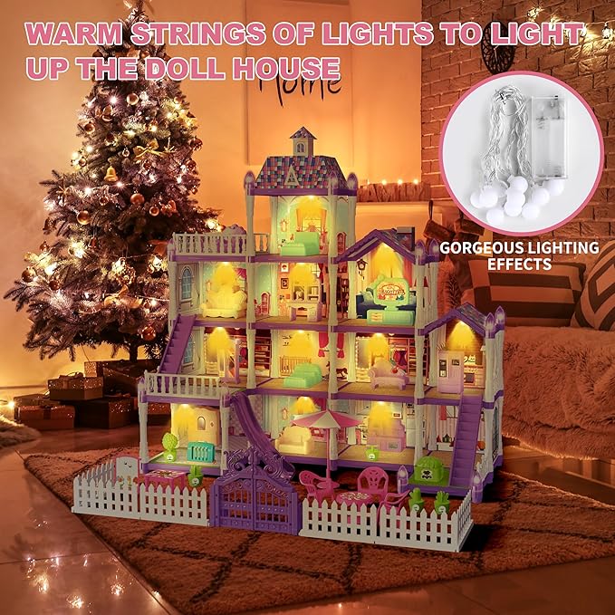 Doll House for Girls ,13 Rooms Doll House with 2 Dolls, Lights, Puppies ,Furnitures, Accessories, Toddler Playhouse Gift for for 3 4 5 6 7 8 9 10 Year Old Girls Toys ( Purple)