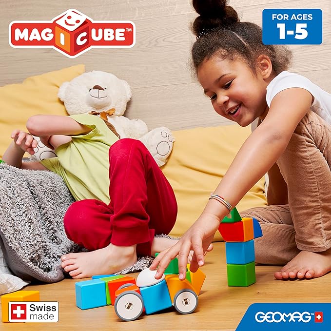 Geomag MagiCube Magnetic Blocks for Toddlers & Kids Ages 1-5 | Swiss-Made STEM Building Toy Sets | Animal, Vehicle, Recycled Plastic Themes | (32-Piece - Classic Set)