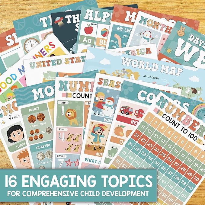 BEAWART 16 Boho Groovy Educational Posters for Preschoolers - Laminated Pre-K and Kindergarten Learning Poster Charts for Toddlers 1-3-5 - Homeschool and Classroom Decor for Kids' Walls